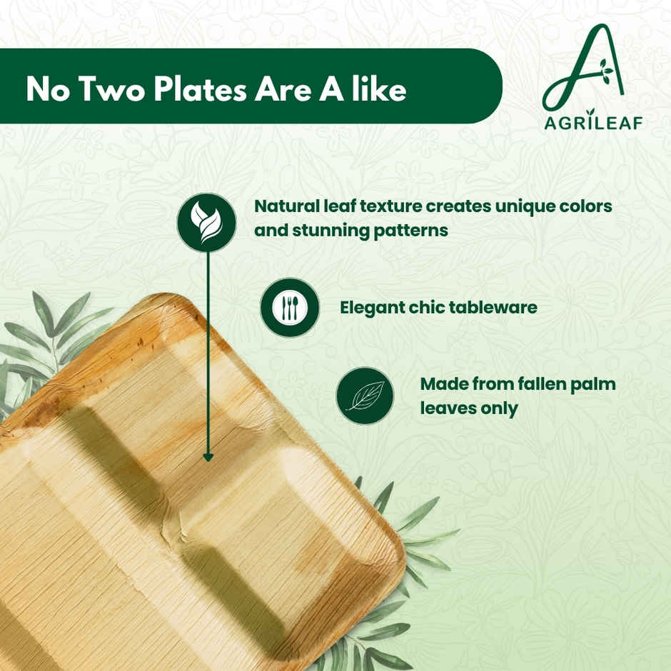 AGRILEAF 9 Inch Square 3-Compartment Areca Palm Leaf Disposable 5 Plates with 5 Spoons