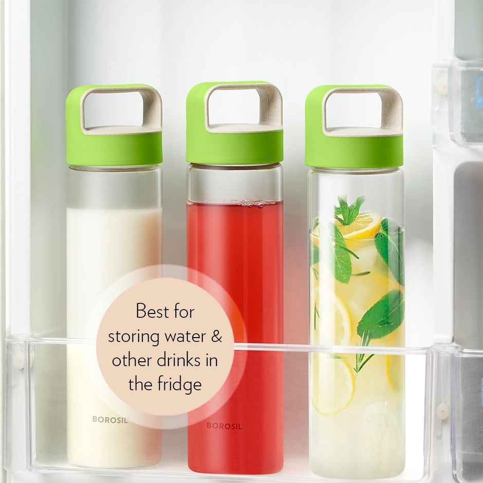 Borosil Borosilicate Neo Glass Water Bottle with Green Lid | Transparent | 550 ml