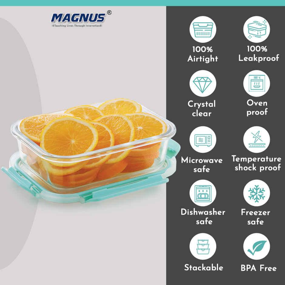 Magnus Glock 640 ml Rectangle Green Container, Airtight Lid & Detachable Lock, Borosilicate Glass