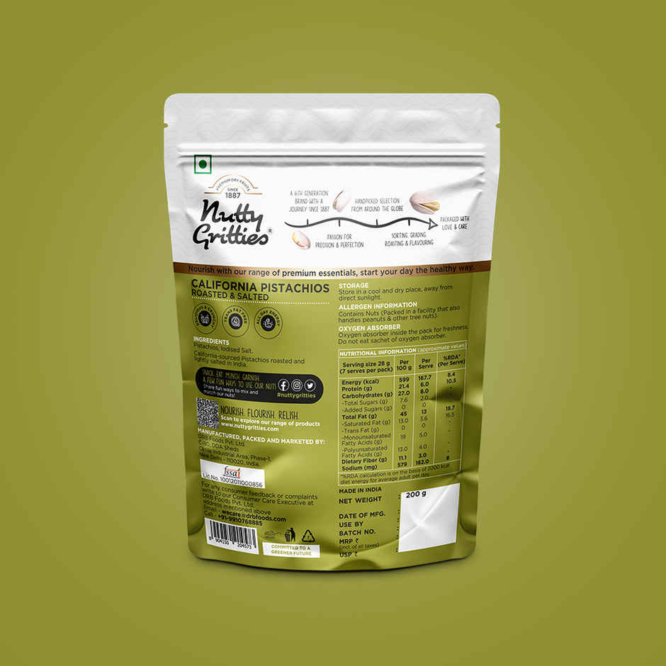 Nutty Gritties Roasted Pistachios - Lightly Salted, Non-Fried, Zero-Oil