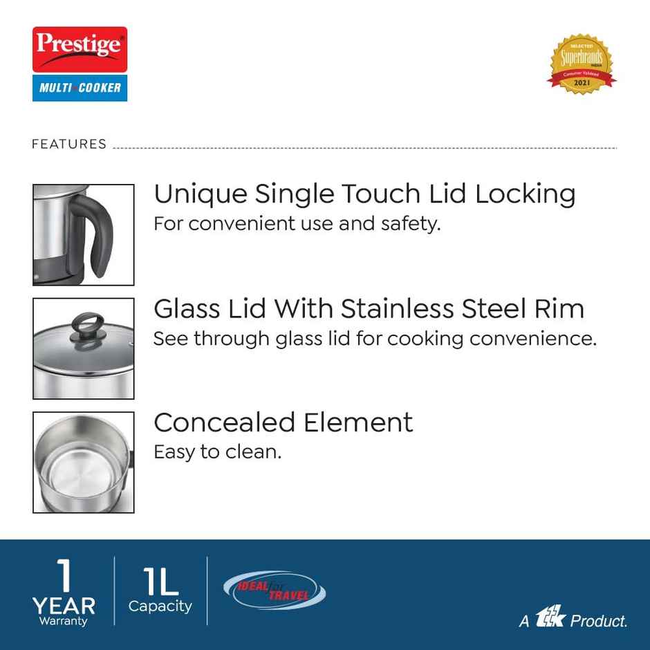 Prestige Multi Cooker 1 Litre, 600 Watts, Stylish SS Body, Easy Cleaning, Silver, 1 Year Warranty