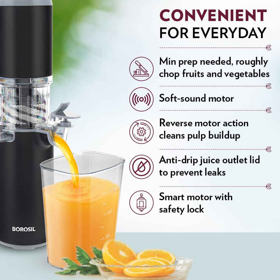Borosil Easy Juice Cold Press Slow Juicer | 130W | Less Oxidation | For Fruits & Vegetables - Black