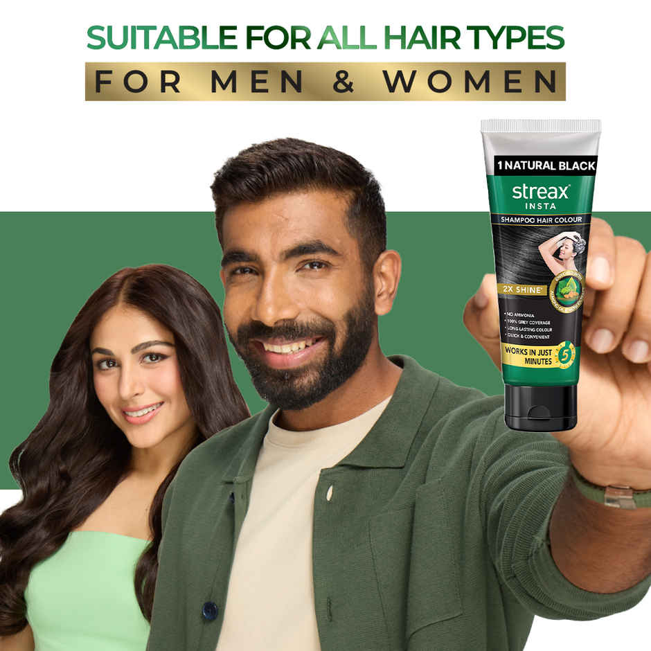 Streax Insta Shampoo Hair Colour - Natural Black, Easy Diy- Squeeze Pack