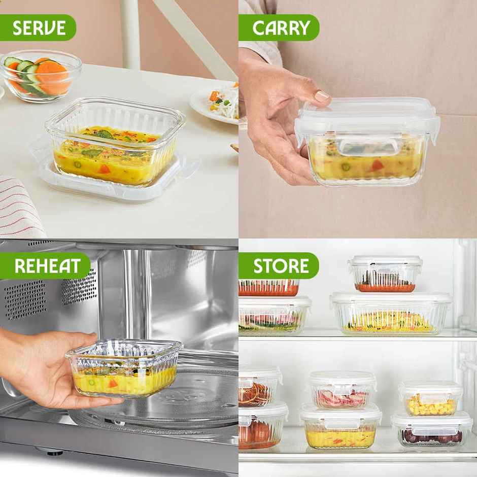 Borosil Fluted Klip N Store Square Food Storage Container Borosilicate Glass Microwave Safe