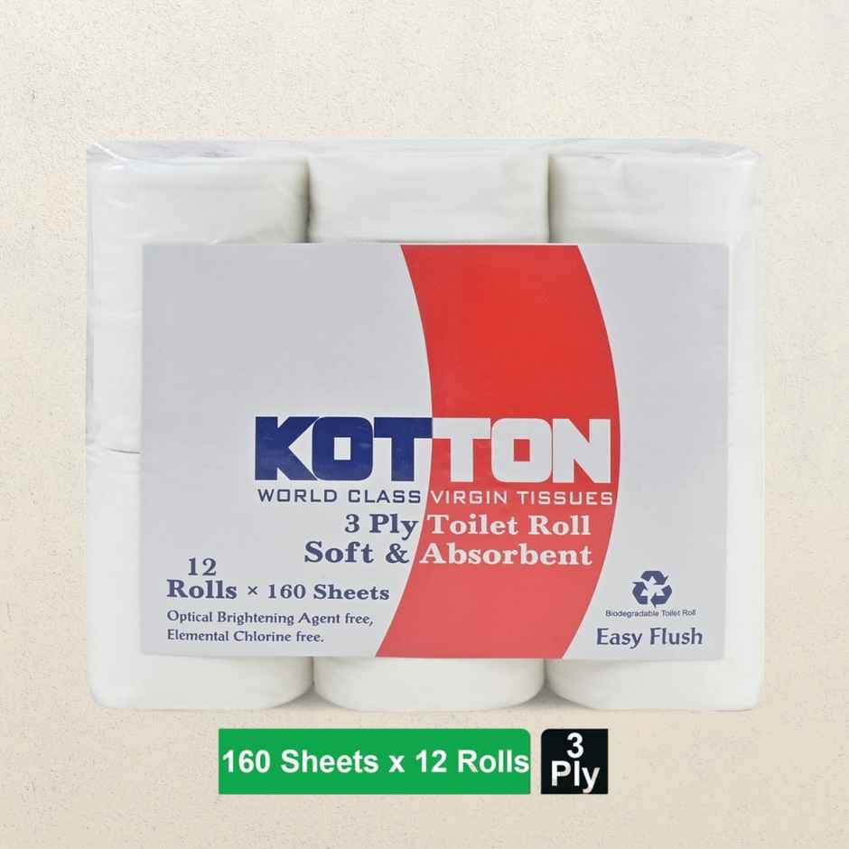 Kotton Toilet Roll - 3 Ply -100% Virgin Pulp/Paper, Pack of 12 160 sheets