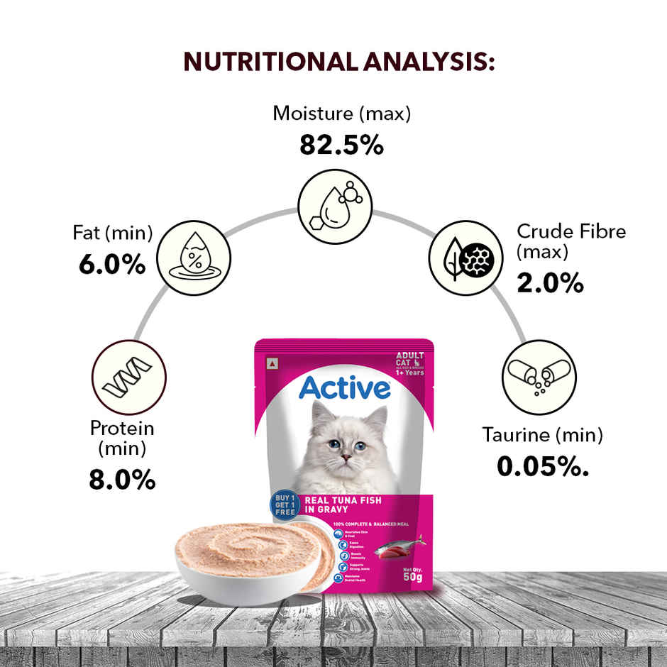 Active Adult Cat Wet Food, Real Tuna in Gravy, 8 Pouches (Buy 1 Get 1 Free)