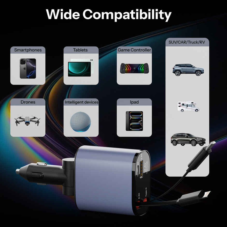 Ailkin 120W Retractable Car Charger 4-in-1 Fast Charger | USB-C & Lightning Cables | Dual USB Port