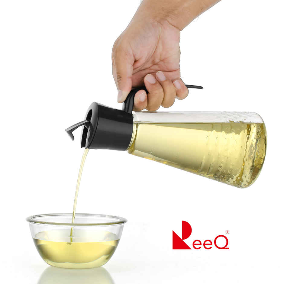 ReeQ Plastic Oil Dispenser Bottle with Handle | Transparent with Black Lid