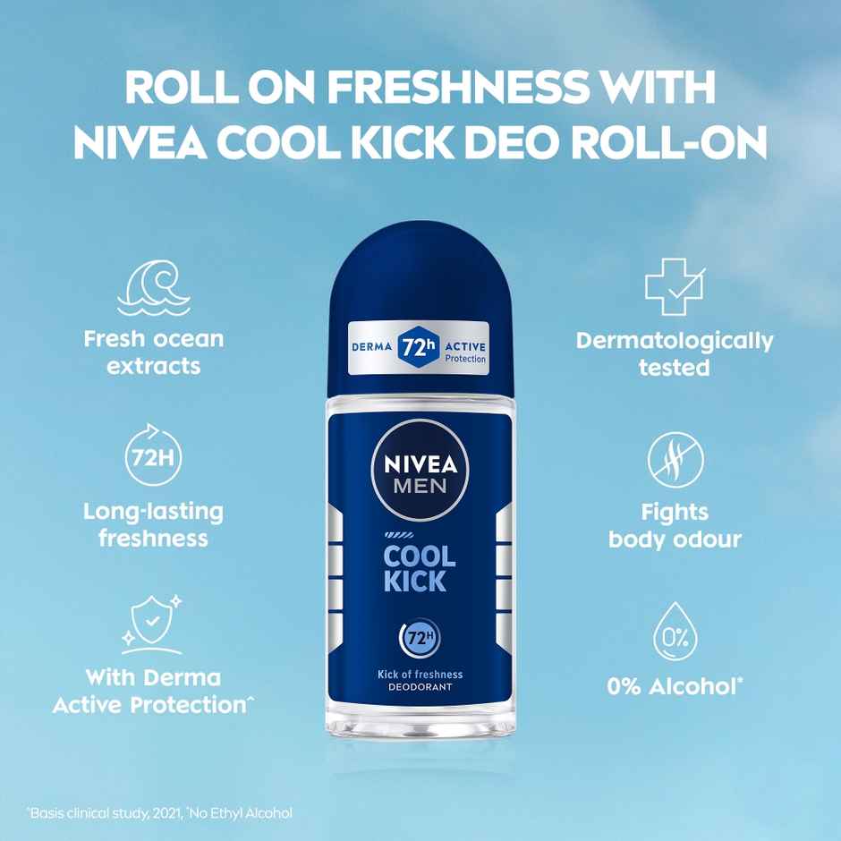 Nivea Men Cool Kick With Refreshing Icy  Menthol Shower Gel For Body Face & Hair (250ml) & Nivea Men'S Deodorant Roll On For Men (50ml) Combo