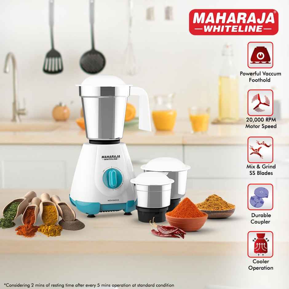 Maharaja Whiteline Novamixx Mx - 277 Mixer Grinder | 500 W | 3 Jars | Turquoise and White