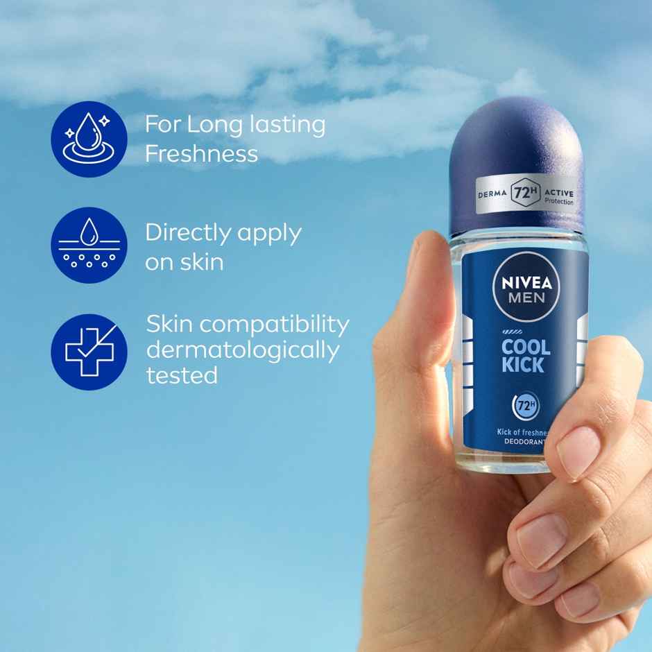 Nivea Men Cool Kick With Refreshing Icy  Menthol Shower Gel For Body Face & Hair (250ml) & Nivea Men'S Deodorant Roll On For Men (50ml) Combo