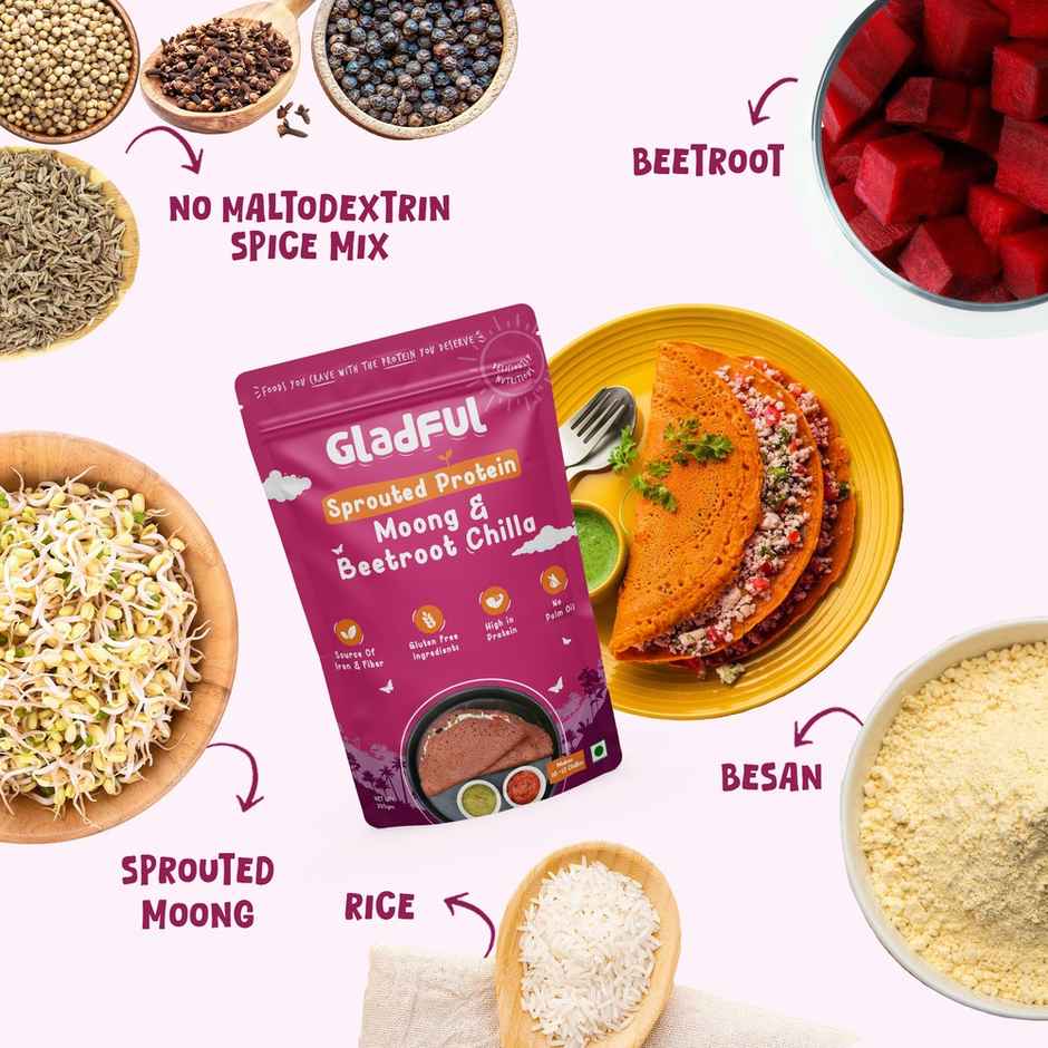 Gladful Beetroot Protein Sprouted Lentils and Millets Instant Chilla Mix
