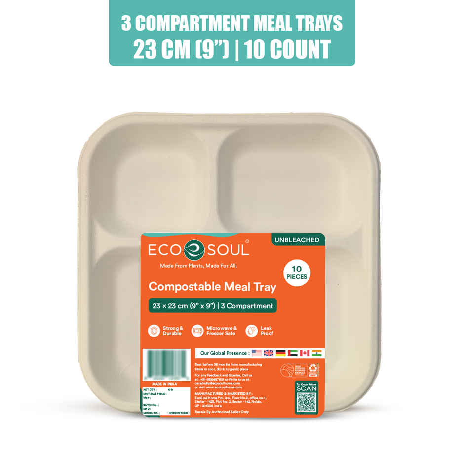 ECO SOUL | Bagasse Disposable Meal Tray/Plates | Square | 3CP | 10 Count