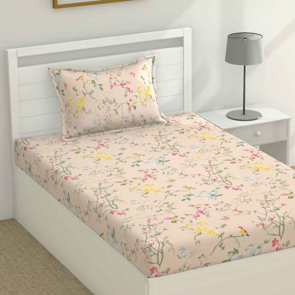 Haus & Kinder Peach Floral Single Bedsheet - 100% Cotton (145x225cm)