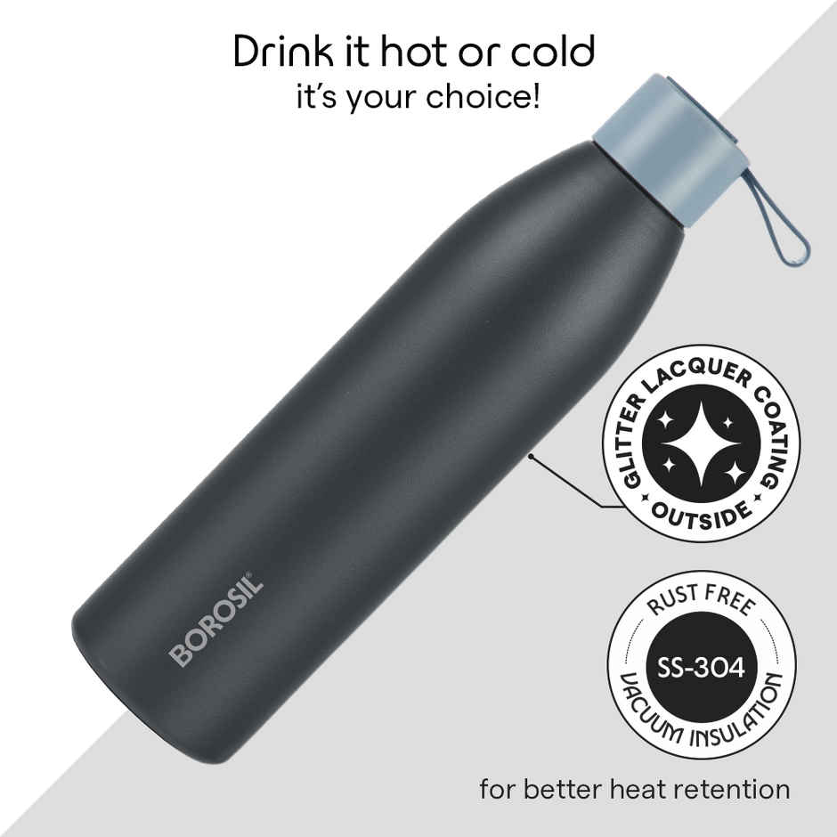 Borosil Duomate Double Wall Vacuum Insulated Stainless Steel Bottle | Black | 750 ml