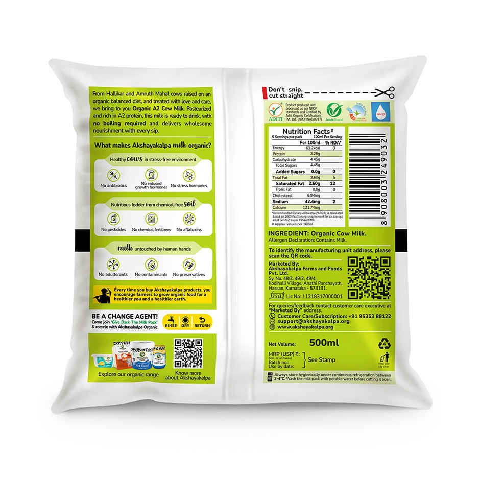 Akshayakalpa Amrutha A2 Pasteurized Organic Fresh Milk | Pouch