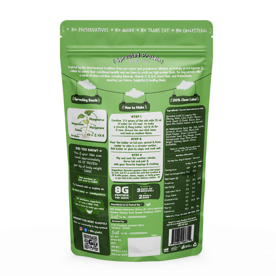 Gladful Spinach Protein Sprouted Lentils and Millets Instant Chilla Mix