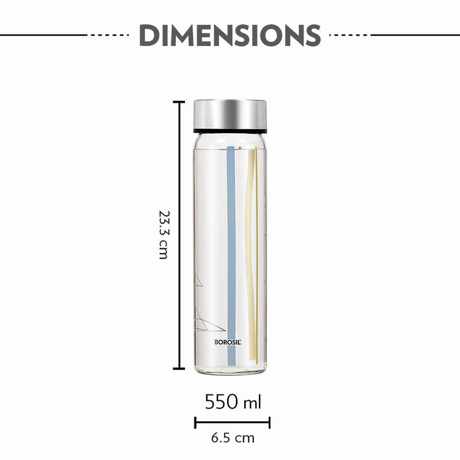 Borosil Sintra Wide Mouth Bottle with Metal Lid Borosilicate Glass Dishwasher Safe