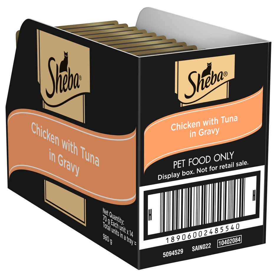 Sheba Fine Premium Adult (1+ Years) Wet Cat Food, Chicken with Tuna in Gravy, 70 g Pouch Pack of 14