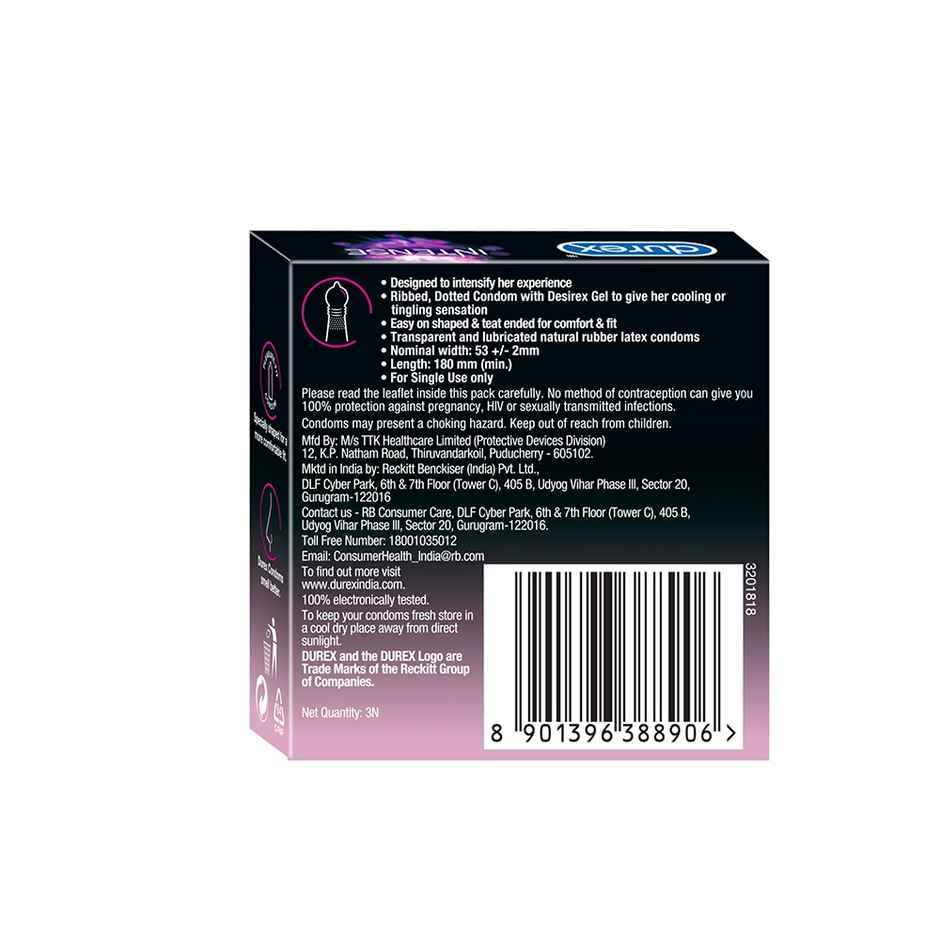 Durex Intense Condoms for her - Three Count Dotted and Ribbed condom with Desirex gel(3pc), Durex Air Ultra Thin Condoms(3pc) & Durex Condoms Mutual Climax(3pc) Combo