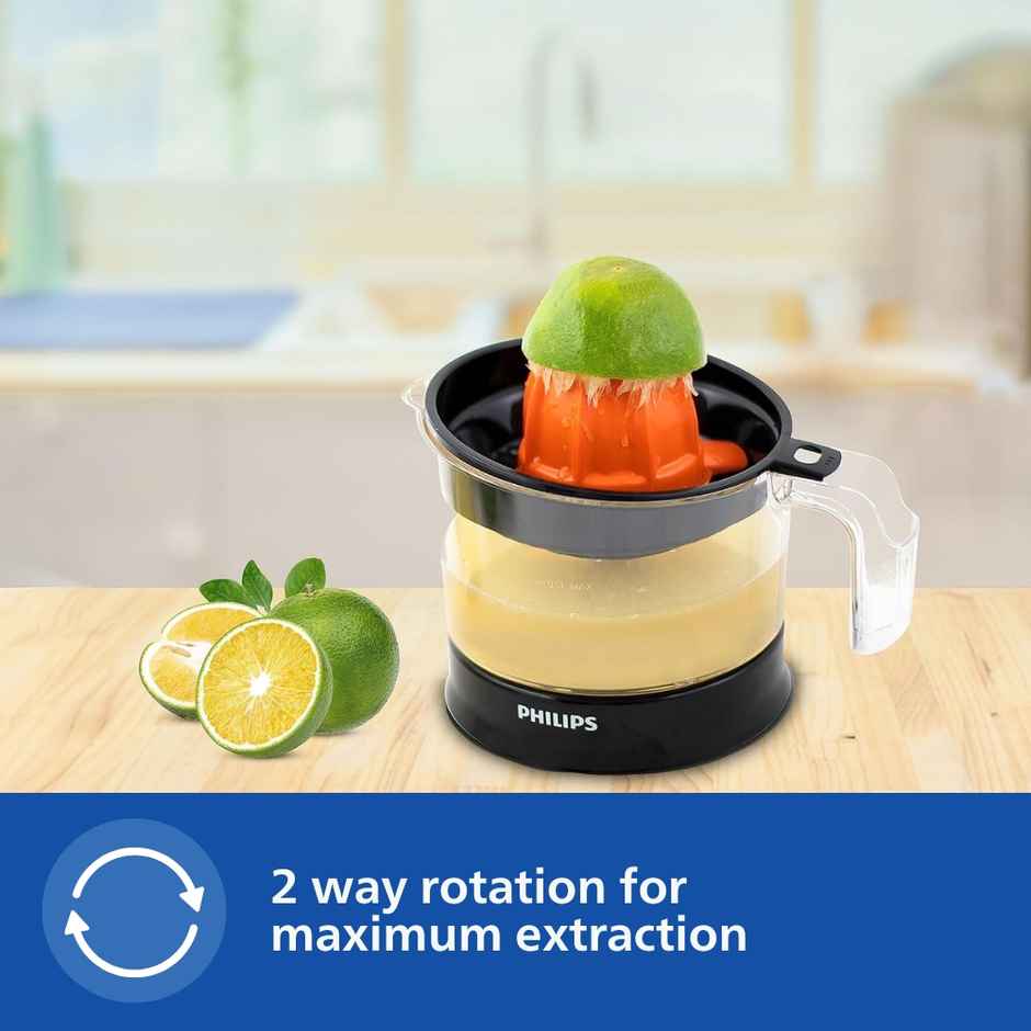 Philips HR2777/00 Citrus Press Juicer, 25 Watt, 0.5 Litre, 2 Sized Cones for different size fruit - Orange & Black