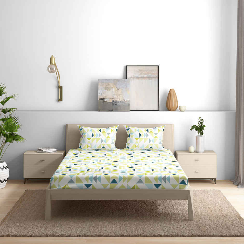 Wakefit Maze Fitted Queen 100% Cotton Geometric Bedsheet, 2 Pillow Covers | White | 78 x 60 in