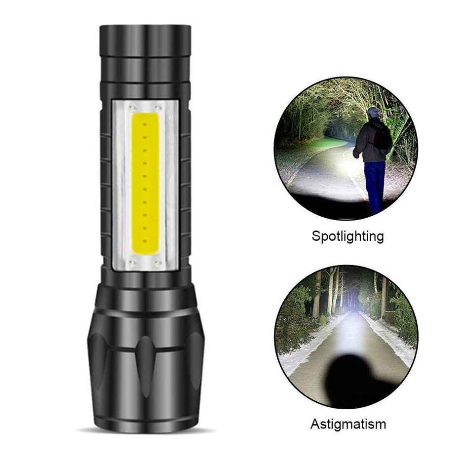 Desidiya LED Flashlight with COB Light Mini Torch Waterproof Portable LED Flashlight USB Rechargeable 3 Modes Light Flashlight - Black