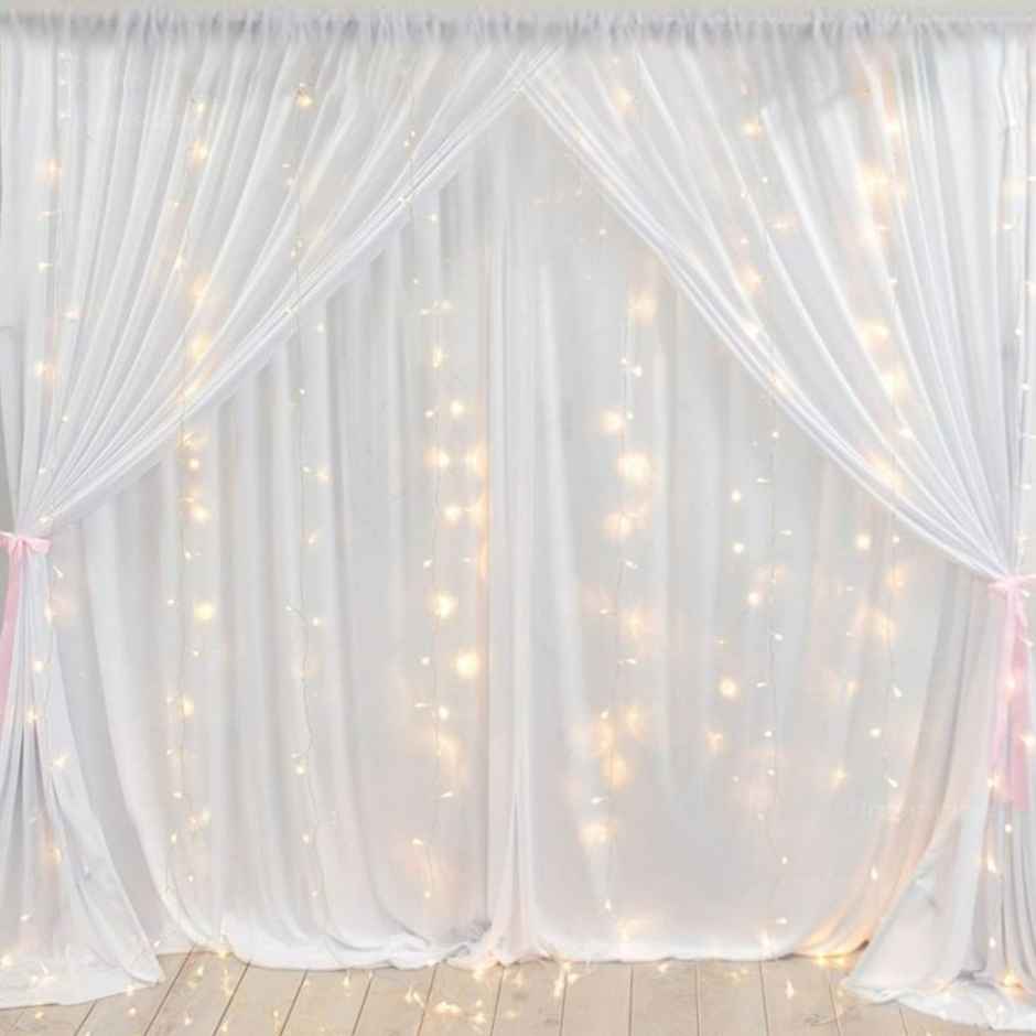 Festive/ Party Decoration Combo | 2 Pcs White Net Curtains, 2 Pcs Led Fairy Lights, 1 Pc Ribbon