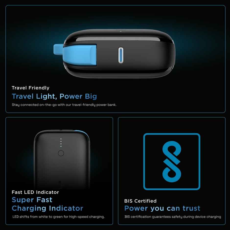 URBN 10000 mAh Nano Link Wired Power Bank with in-Built USB-C Cable| 22.5W Fast Charging | Type C PD (Input& Output) | Made in India | Two Way Fast Charge | for iPhone, Android & More - Black