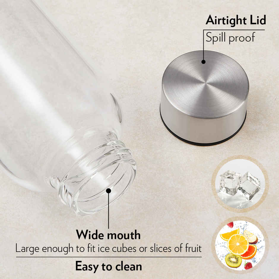 Borosil Roma Narrow Mouth Bottle with Metal Lid Borosilicate Glass Dishwasher Safe