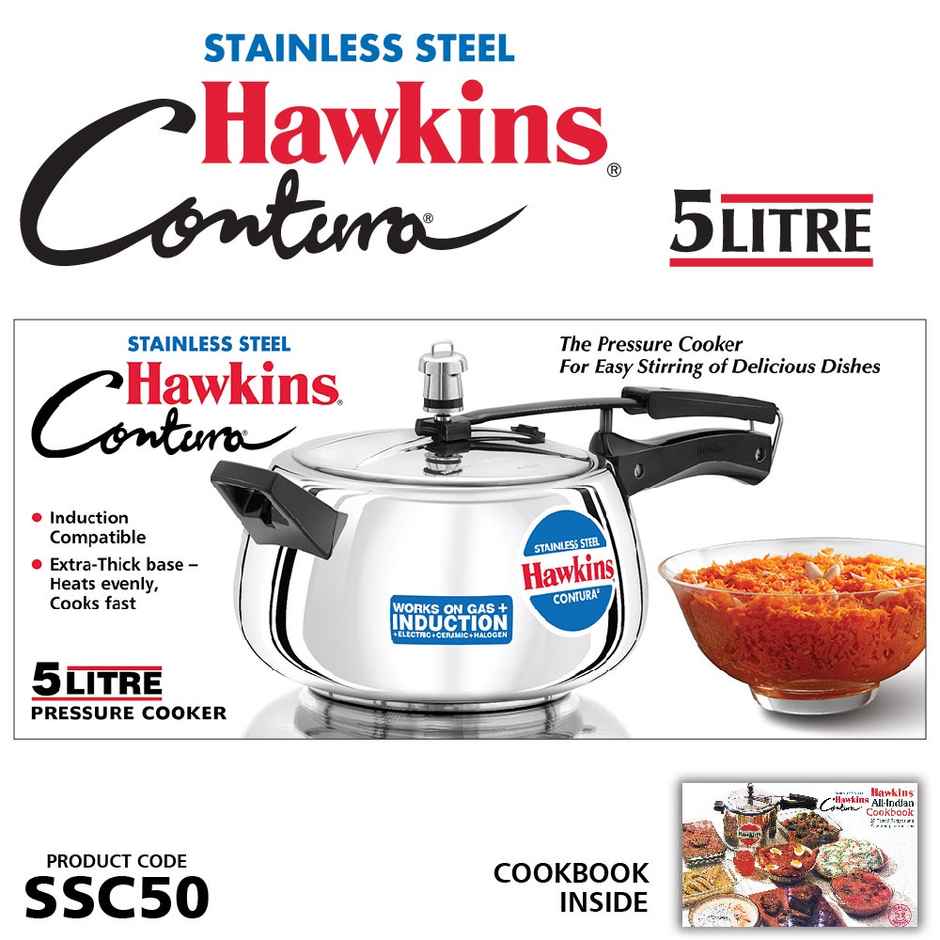 Hawkins 5 Litre Contura Pressure Cooker Stainless Steel Inner Lid Cooker Induction Cooker - Silver
