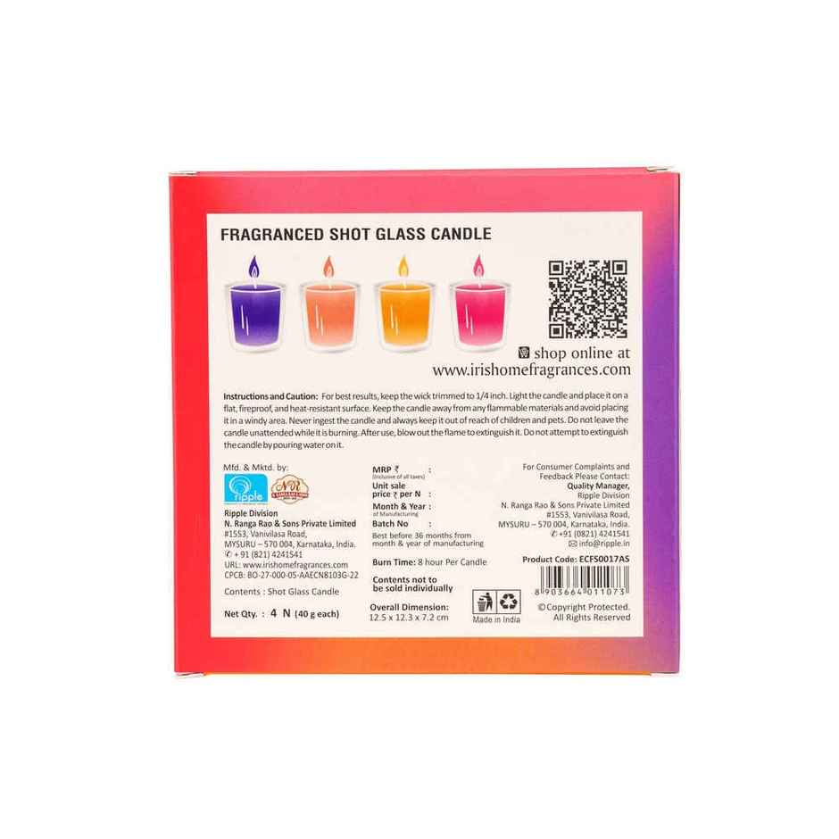 Shot Glass Candles | Damask Rose,Mango Sorbet,Peach & Pomegranate | Pack of 4 | IRIS