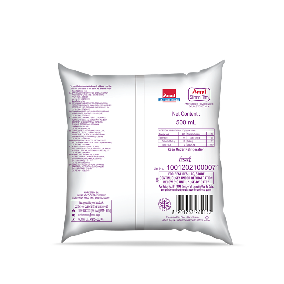 Amul Slim 'n' Trim Double Toned Fresh Milk | Pouch