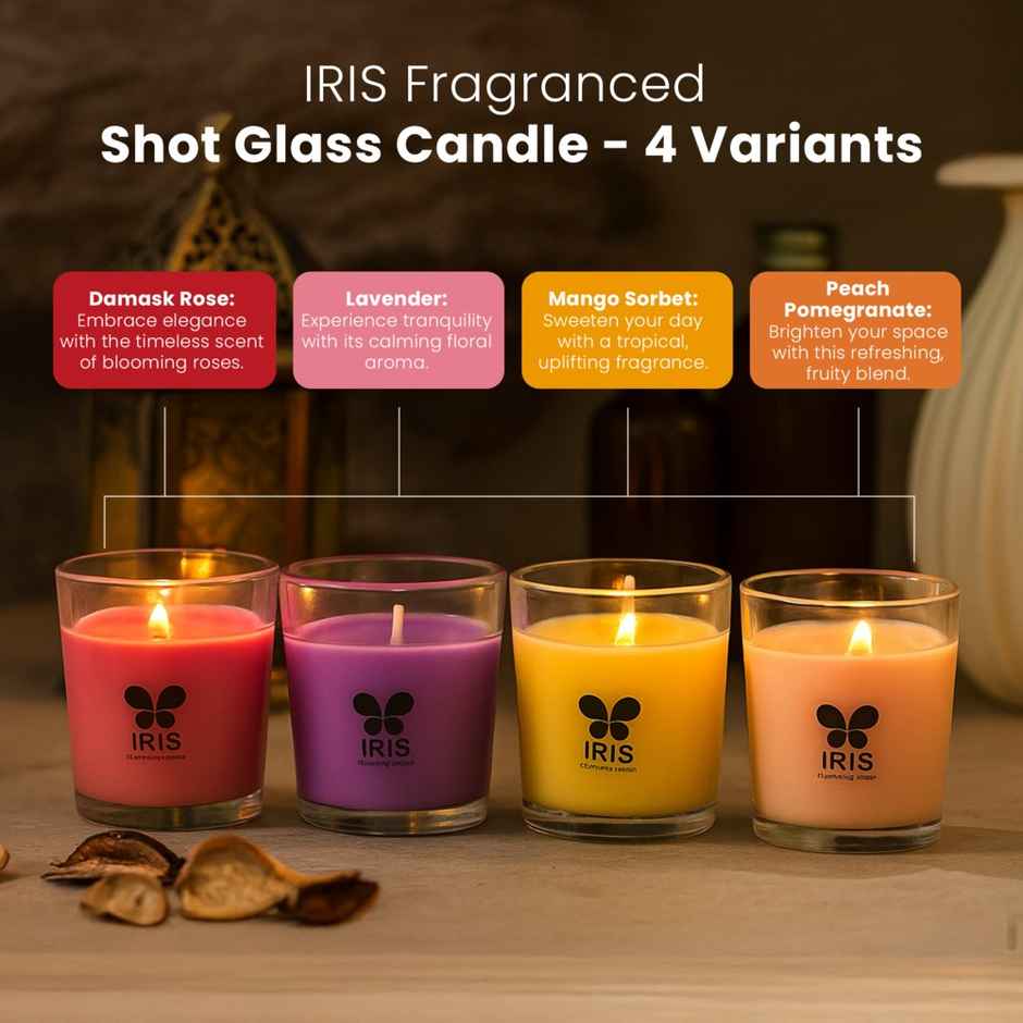 Shot Glass Candles | Damask Rose,Mango Sorbet,Peach & Pomegranate | Pack of 4 | IRIS