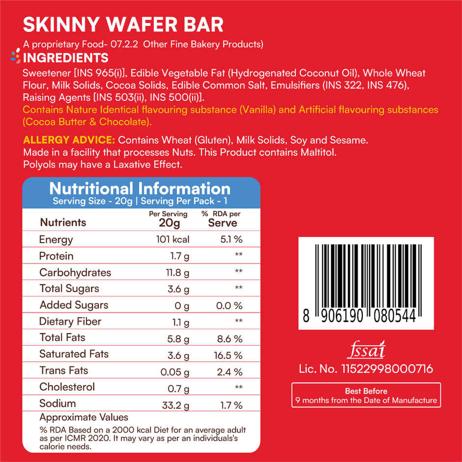 Skinny Choco Coated Wafer Bar | No Added Sugar
