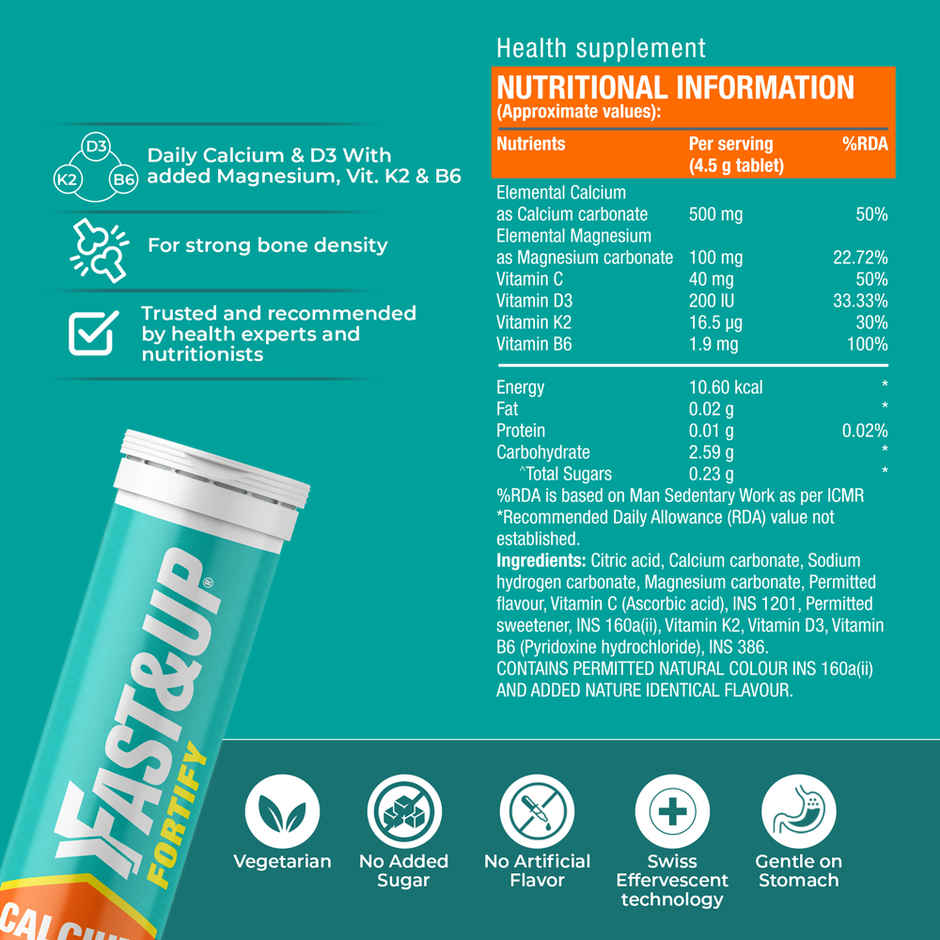 Fast&Up Fortify Calcium & Vitamin D3 For Bone Health |Orange Flavour