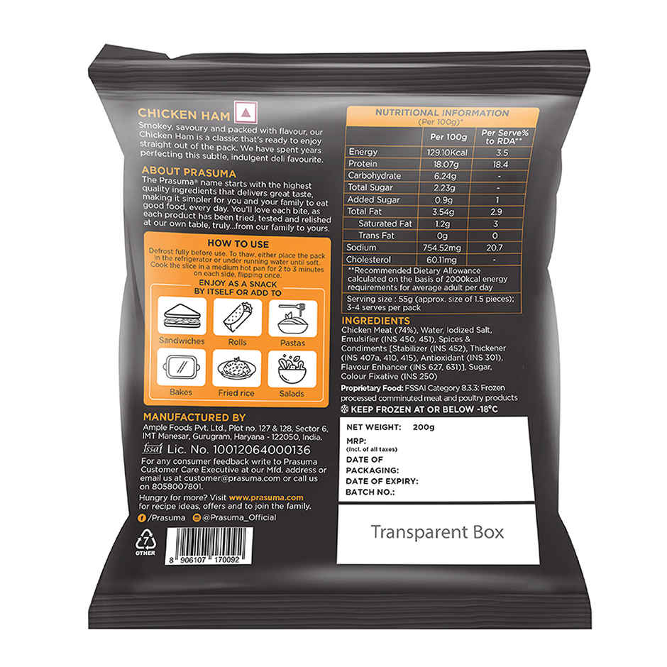 Prasuma Chicken Ham | Lightly Smoked | Fresh Chicken, No Soya | High Protein | No Trans Fat