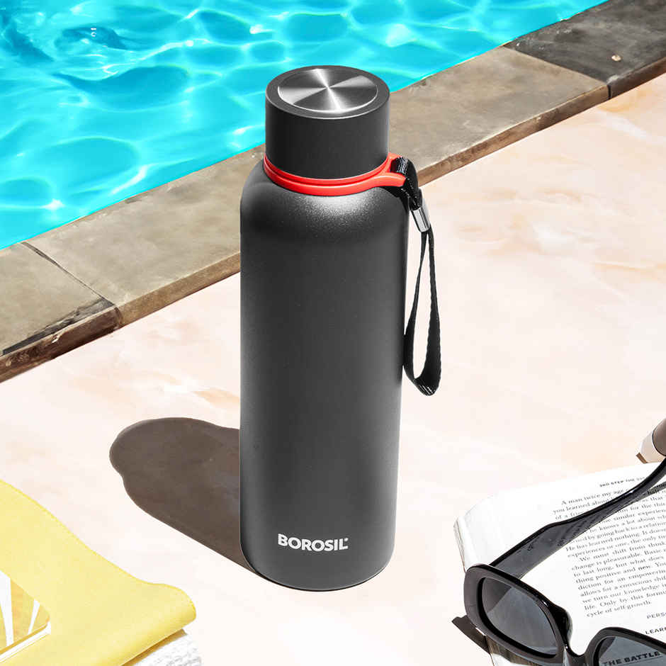 Borosil Hydra Trek Water Bottle | Stainless Steel Double Wall Vacuum Flask | Black | 700 ml