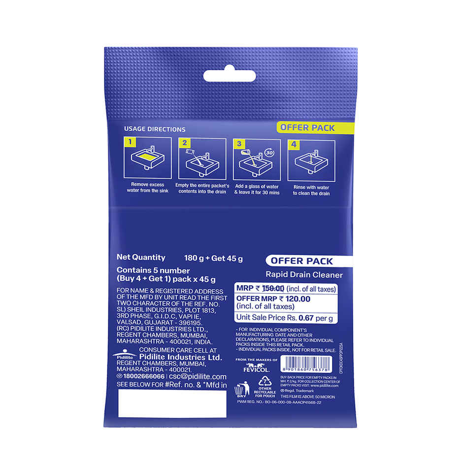 DKlog Drain Cleaner Powder 45g x5-Fast Clog Remover for Sinks, Pipes & Septic Tanks