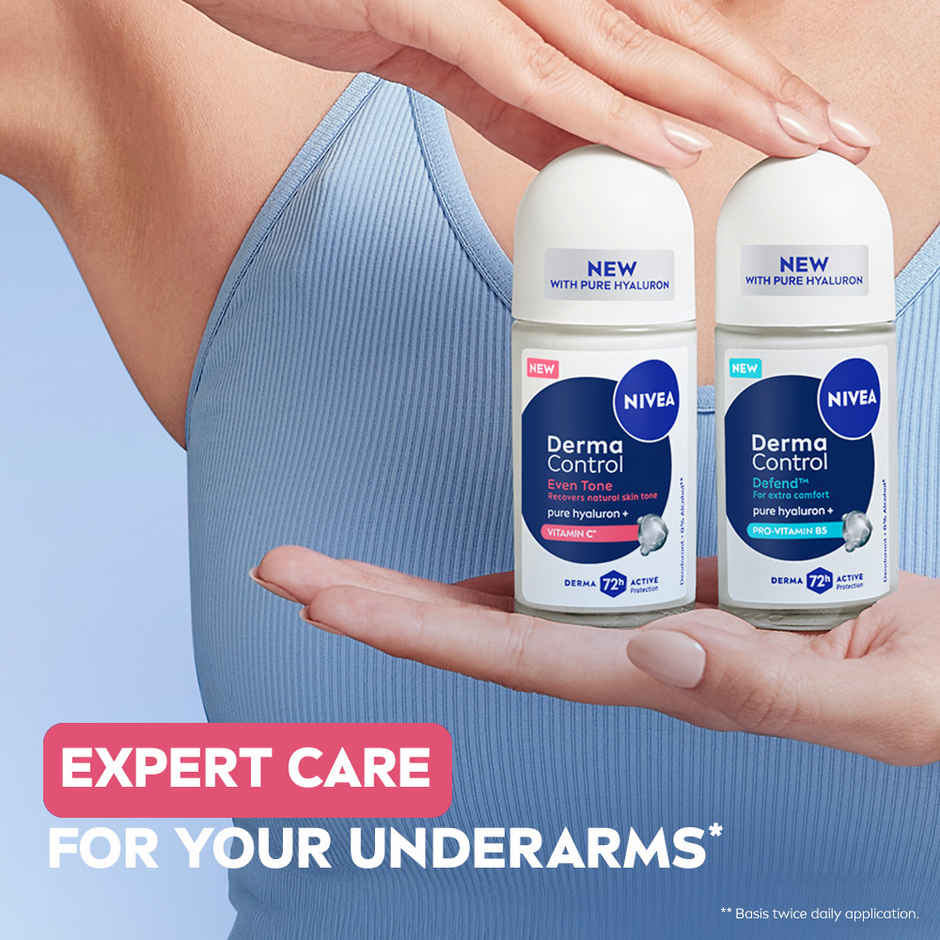 NIVEA Derma Control Eventone Alcohol, Pure Hyaluron and Vit C Underarm Roll On Women