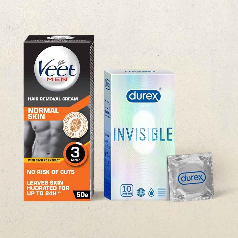 Veet Men Hair Removal Cream - Normal Skin (50gms) & Durex Invisible Condom - Super Ultra Thin Condoms(10pc) Combo