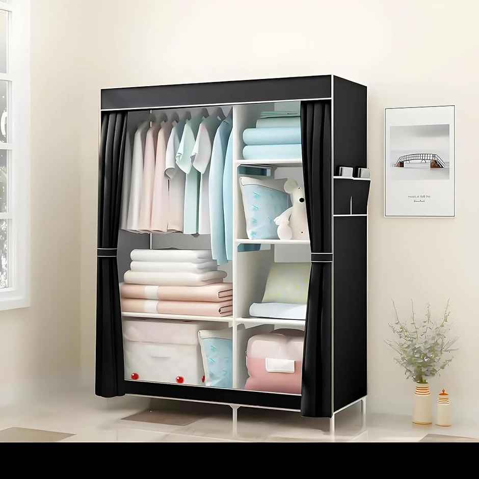 Kuber Industries 4 Shelves Foldable Wardrobe | Non Woven 2 Door Clothes Rack | Black