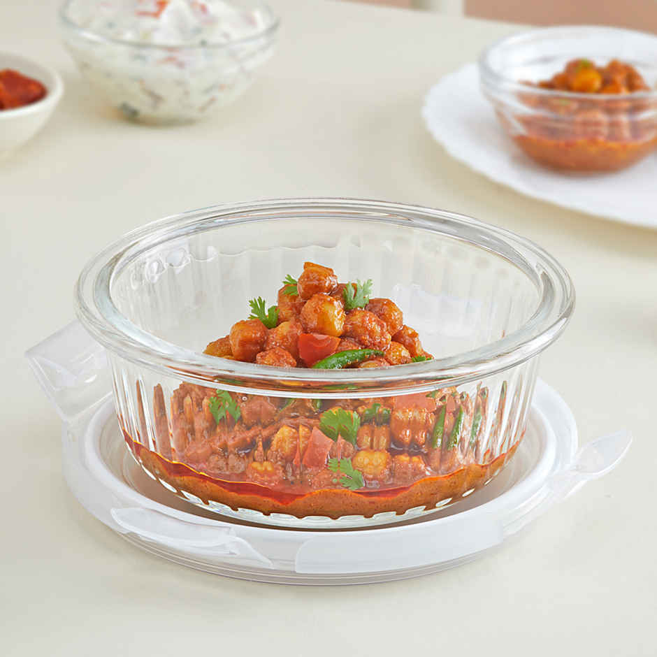 Borosil Fluted Klip N Store Round Food Storage Container Borosilicate Glass Microwave Safe