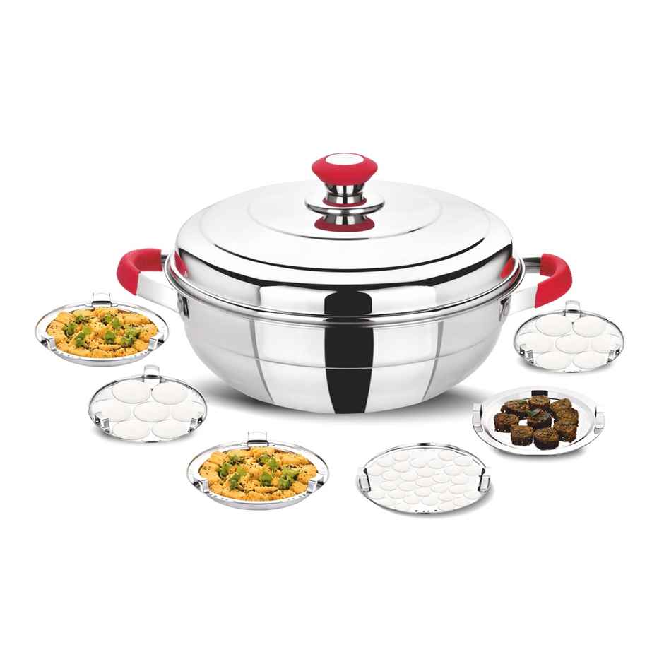 Bhalaria Stainless Steel Multi Kadai | 2 Idli Plate | 2 Dhokla Plate | 1 Patra Plate | 1 Mini Idli Plate