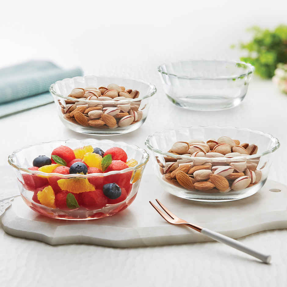 Borosil Designer Glass Serving Bowls, Microwave & Oven Safe - 4 x 430 ml