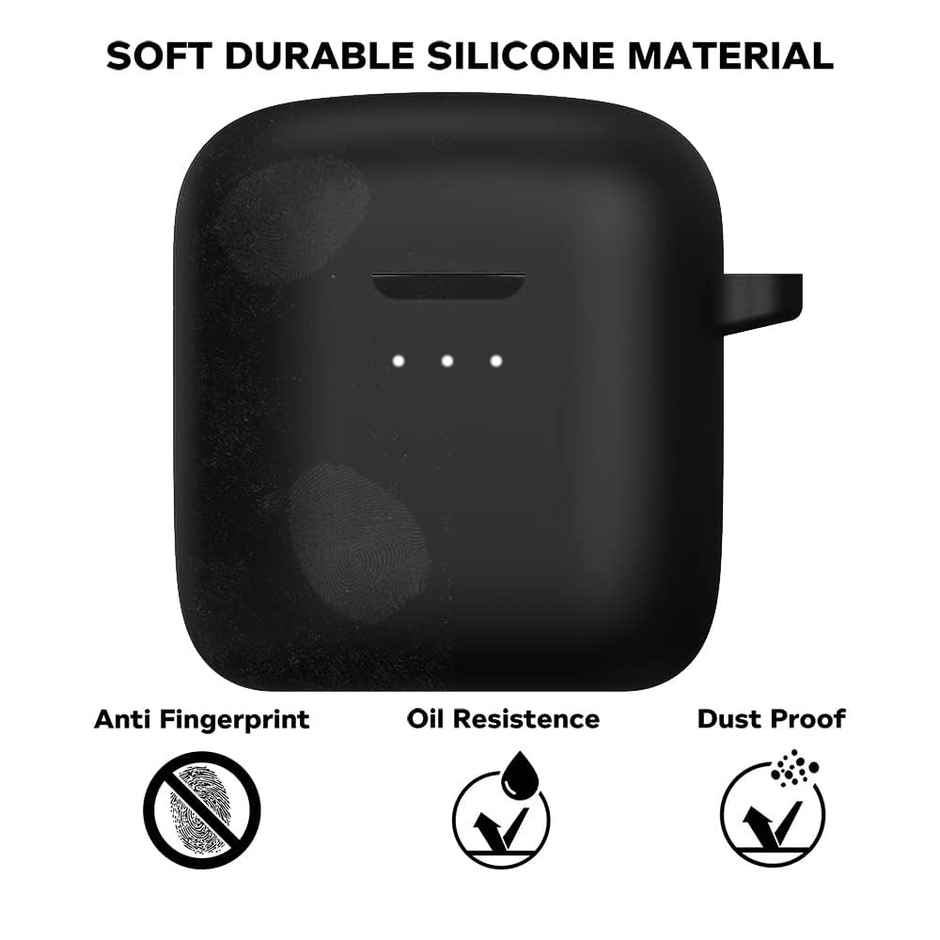 Sounce Earphone Case Cover for Boat Airdopes 131 | Shockproof Silicone Case with Keychain | Black