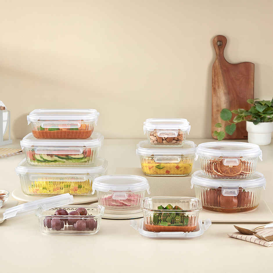 Borosil Fluted Klip N Store Rectangle Food Storage Container Borosilicate Glass Microwave Safe