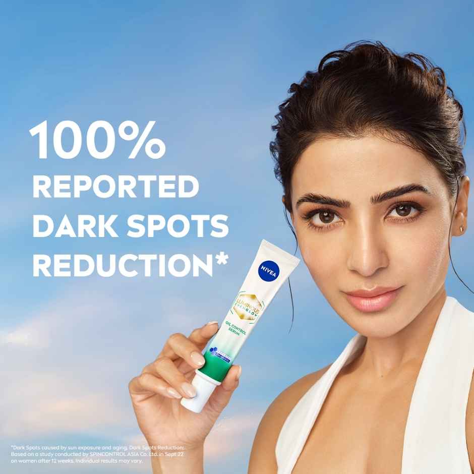 Nivea Luminous Even Glow Oil Control Serum| Thiamidol, Salicylic, Hyaluronic Acid| Reduces Dark Spot (40ml) & Nivea Luminous Even Glow Face Wash | Oil Free Formula, Aha, Aloe Vera, Guarana Extract | Deep Clean (100ml) & Nivea Luminous Even Glow Oil Control Day Cream Spf 50,Thiamidol |Uv Protection & Reduces Dark Spots (40ml) & Nivea Luminous Even Glow Night Cream |Thiamidol & Hyaluronic Acid |Moisturizes & Reduces Dark Spots (40ml) Combo