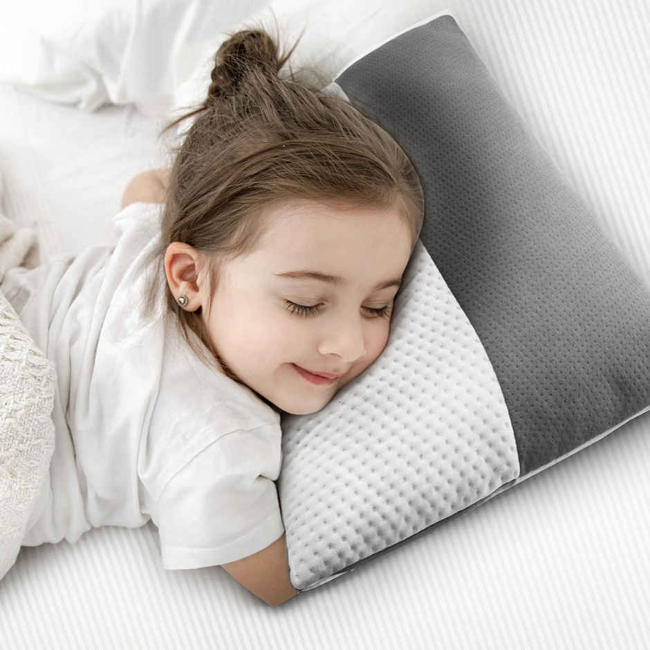 Wakefit Fluffy Pillow for Kids | Set of 4 | Small (18x12 Inch) 350 GSM Spun Polyester Fabric White and Grey