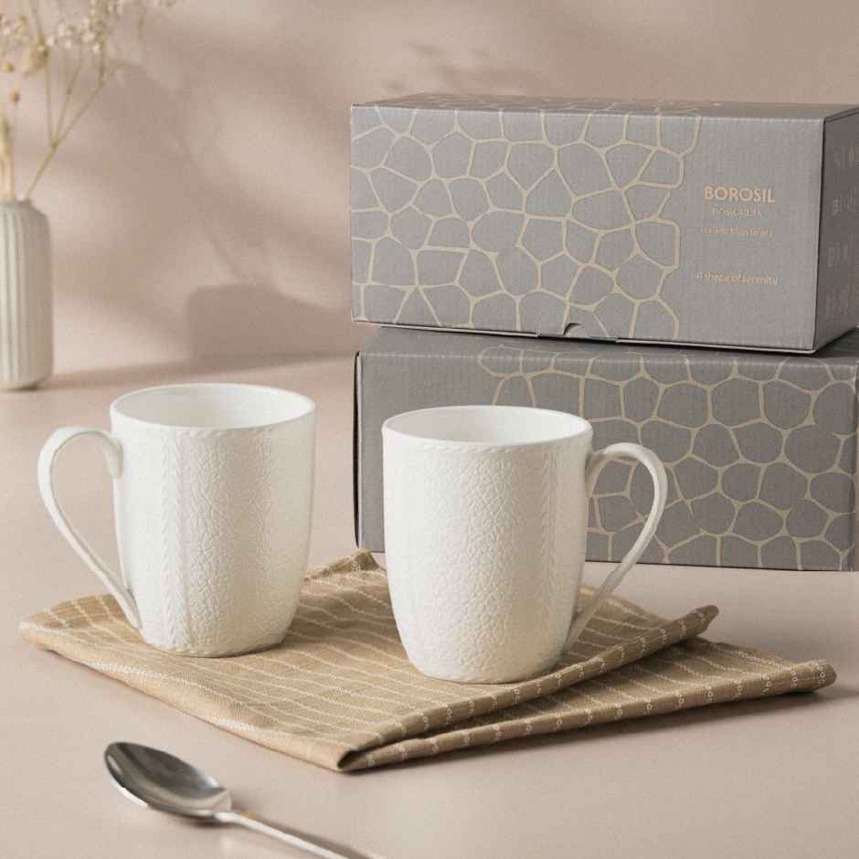 Borosil Porcelia Elva Ivory Tea Coffee Porcelain Mug Set Microwave Dishwasher Safe